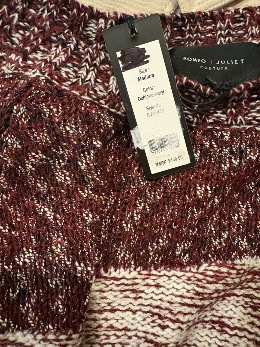 Romeo & Juliet Couture Maroon and White Marled Knit Sweater - Picture 3 of 3